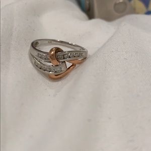 White gold, rose gold heart ring with diamonds